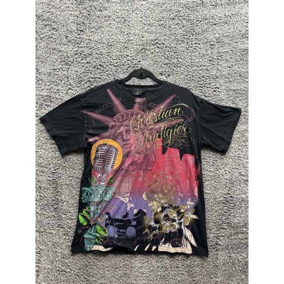 Rare Christian Audigier‎ NYC Statue of Liberty Foil T-Shirt Black Mens Size L